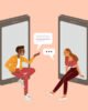 Two young people chat online together and try to start a love relationship on a dating app.